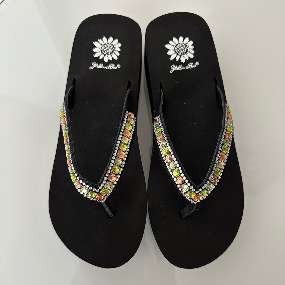 Yellow Box Brussels Beaded Wedge Sandals Black Size 8.5 NWT